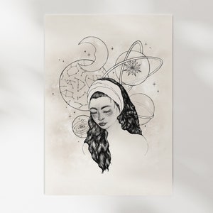 Dans la lune - Illustration A4/A5 | Astronomie, planète, lune, spiritualité, witchy | Carte illustrée, décoration murale
