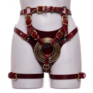 May include: A burgundy leather harness with gold metal rings and buckles. The harness has a large circular design in the front and straps that go around the legs.