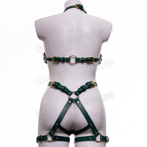 May include: A green leather harness with gold hardware. The harness includes a bra, a belt, and thigh straps.