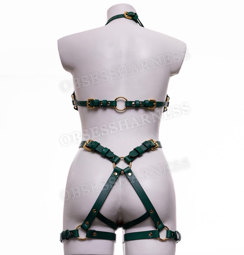 May include: A green leather harness with gold hardware. The harness includes a bra, a belt, and thigh straps.