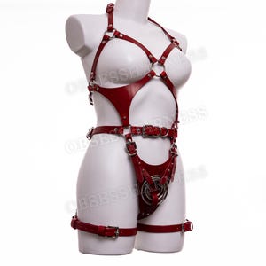 May include: Red leather harness with metal hardware. The harness has straps that go around the chest, waist, and thighs.