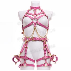 May include: Pink leather harness with gold hardware and chains. The harness includes a chest piece, a belt, and thigh straps. The harness is designed to be worn over clothing.