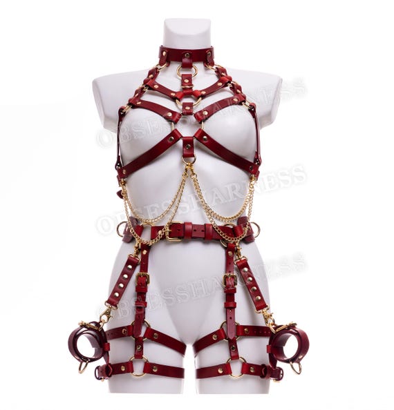 Body Harness Set, Open Bra, Chain Harness, Bondage Harness, BDSM Kit, Garter Belt Harness, BDSM-Gear for Women, Leather Harness Set, Mature