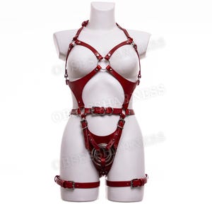 May include: Red leather harness with straps and buckles. The harness has a circular design in the front and a strap that goes around the waist.