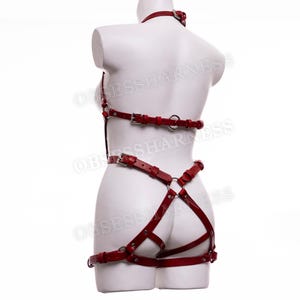 May include: Red leather harness with straps and buckles. The harness has a halter neck, chest straps, and thigh straps.