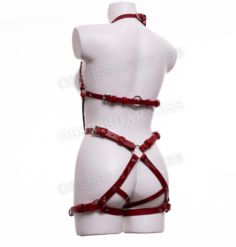 May include: Red leather harness with straps and buckles. The harness has a halter neck, chest straps, and thigh straps.