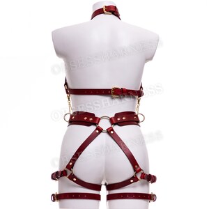 May include: A red leather harness with gold hardware. The harness includes a choker, a chest piece, a waist belt, and thigh straps.