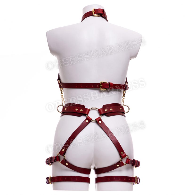 May include: A red leather harness with gold hardware. The harness includes a choker, a chest piece, a waist belt, and thigh straps.