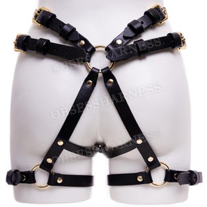 May include: Black leather harness with gold hardware and multiple straps. The harness has a ring in the center and straps that go around the legs.