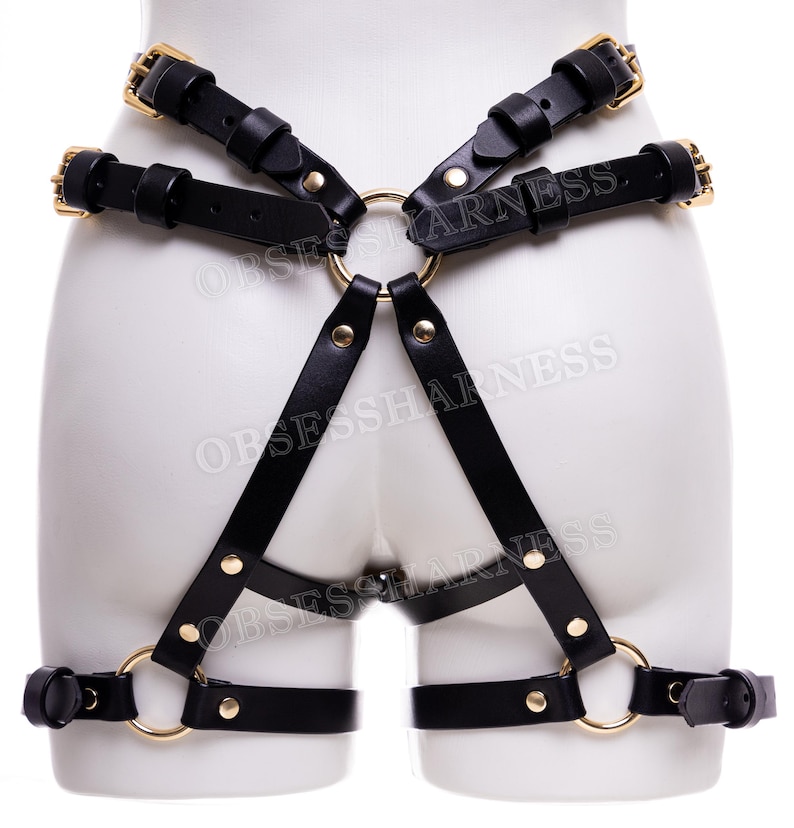 May include: Black leather harness with gold hardware and multiple straps. The harness has a ring in the center and straps that go around the legs.