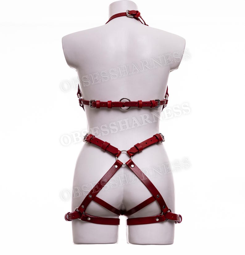 May include: Red leather harness with straps and buckles. The harness includes a chest piece, a waist belt, and thigh straps.