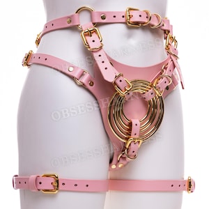 May include: Pink leather harness with gold metal rings and buckles. The harness has straps that go around the waist, thighs, and chest. The harness is designed to be worn as a fashion accessory.