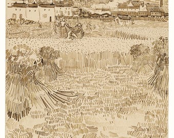 May include: A black and white pen and ink drawing of a field of wheat with a town in the background. The drawing is done in a loose, expressive style, with the wheat stalks depicted in a series of short, parallel lines.