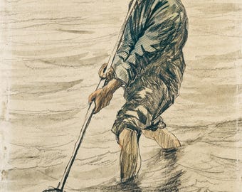 May include: A black and white drawing of a person in the water using a net on a long pole to catch fish.