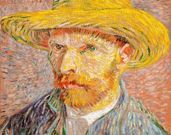 May include: A close-up portrait of a man with a yellow straw hat. The man has a beard and mustache, and his eyes are looking directly at the viewer. The painting is done in a style that is characteristic of Vincent van Gogh.