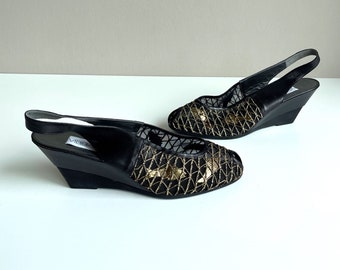 Vintage Shoes Viridiana Black Leather Gold 80s Wedge Heel Size 41