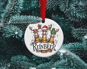 Adorno navideño de reno, regalo para amantes de la cerveza, adorno personalizado