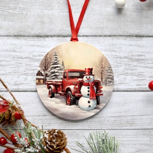 3D Snowman Christmas Red Truck Christmas Sublimation Ornament