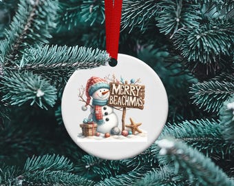 Merry Beachmas, Beach Christmas, Beach Snowman, Favorite vacation, Ceramic Ornament, Personalized
