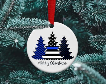 Thin Blue Line Christmas Ornament, Police Officer Gift, Personalized Ceramic