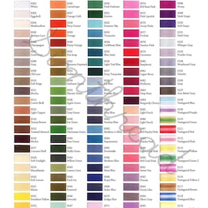 May include: A color chart for 100% Trilobal Polyester Embroidery Thread featuring 120 distinct color swatches arranged in five columns. Each swatch is labeled with a code from S001 to S120 and a corresponding color name in English text.