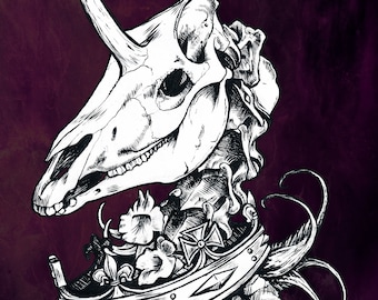 May include: A black and white illustration of a unicorn skull wearing a crown with floral accents on a dark purple background.