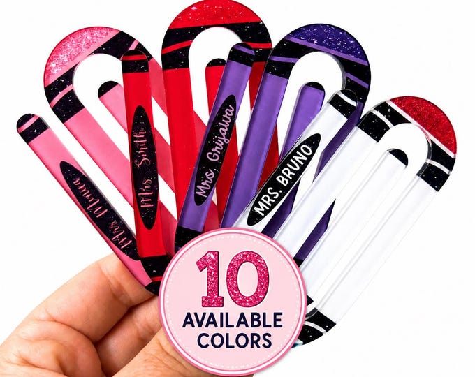 Personalized Crayon Jumbo Paper Clip Set of 3, Custom Acrylic Bookmark, Teacher Gift, Teacher Jumbo Paperclip, Back to School Gift
