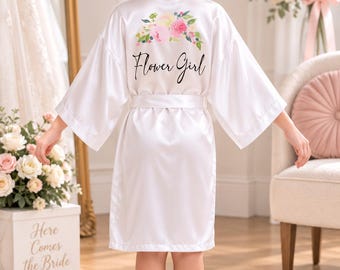 Personalized Flower Girl Robe, Kids Satin Wedding Robe, Custom Flower Girl Getting Ready Robe, Girls Wedding Party Gift