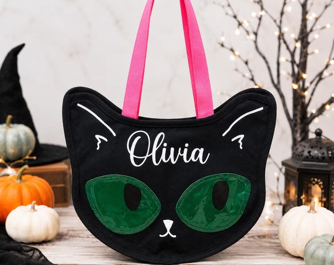 Personalized Black Cat Trick or Treat Bag | Halloween Candy Tote | Custom Cat Canvas Treat Bag | Reusable Halloween Bag for Kids