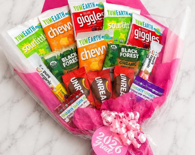 Organic Mixed Candy Bouquet, Natural Candy Gift Basket Alternative, Healthy Treat Arrangement for Kids, Birthday Gift, Get Well, Graduation