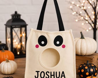 Personalized Ghost Trick or Treat Bag | Halloween Candy Tote | Custom Ghost Canvas Treat Bag | Reusable Halloween Bag for Kids