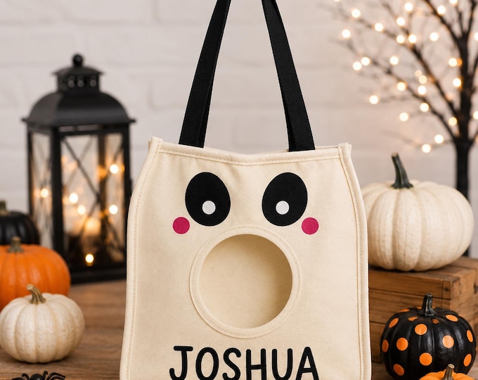 Personalized Ghost Trick or Treat Bag | Halloween Candy Tote | Custom Ghost Canvas Treat Bag | Reusable Halloween Bag for Kids