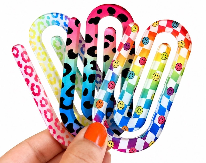 Neon Retro 90s Jumbo Paper Clips, Colorful Acrylic Bookmarks, Smiley Face Leopard Print, Fun Planner Clips, Book Lover Gift