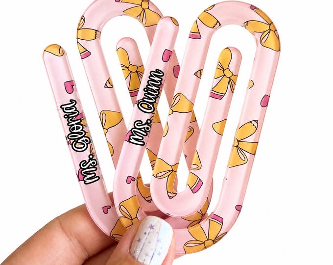 Personalized Pencil Bow Jumbo Paper clip, Teacher Gift, Jumbo Acrylic Bookmark, Custom Teacher Gift, Back to School Gift, Planner Clip