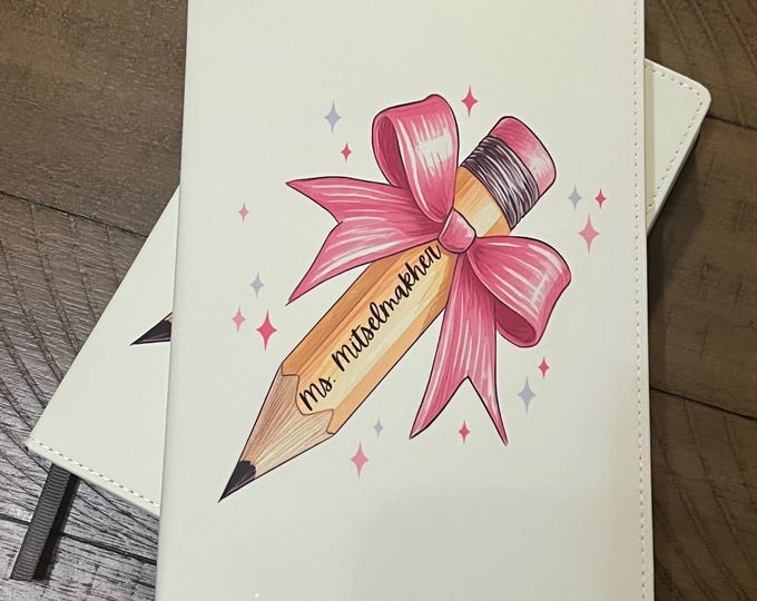 Personalized Pencil Bow Faux Leather Notebook – Teacher & Office Gift