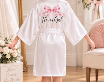 Personalized Flower Girl Bow Robe, Kids Satin Wedding Robe, Custom Flower Girl Getting Ready Robe, Girls Wedding Party Gift