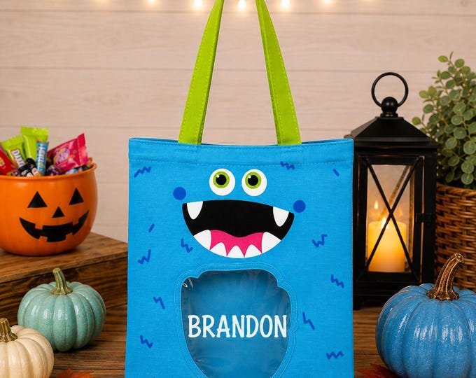 Personalized Monster Trick or Treat Bag | Halloween Candy Tote | Custom Monster Canvas Treat Bag | Reusable Halloween Bag for Kids