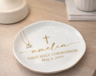 Personalized Communion Trinket Dish, First Holy Communion Gift for Girl, Custom Name Jewelry Ring Dish, Catholic Keepsake, Communion Favor