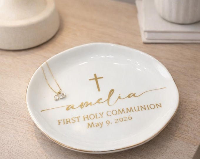 Personalized Communion Trinket Dish, First Holy Communion Gift for Girl, Custom Name Jewelry Ring Dish, Catholic Keepsake, Communion Favor