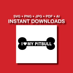 Puede incluir: Silueta en blanco y negro de un hueso de perro con el texto "I ♥ MY PITBULL" en blanco.