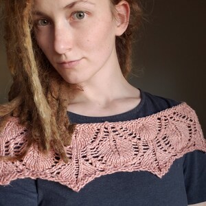 May include: A woman with long, brown dreadlocks is wearing a pink crocheted shawl. The shawl has a delicate lace pattern and is worn over a dark grey t-shirt.