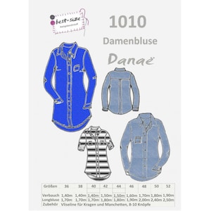 Könnte beinhalten: Ein Schnittmuster für ein blaues Hemd mit Knöpfen mit dem Titel "Danaë" und der Nummer "1010". Das Schnittmuster enthält verschiedene Ansichten des Hemdes, darunter eine langärmelige Version, eine kurzärmelige Version und eine gestreifte Version. Das Schnittmuster enthält auch eine Größentabelle und Anweisungen zum Nähen des Hemdes.