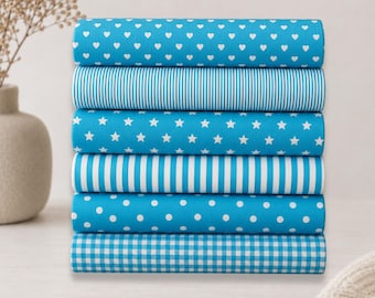 Baumwollstoff - Kombistoff - Baumwolle Meterware - Punkte - Karo - DIY Projekte - Kinderstoff - Muster - Schultüten - KreativStoff - Aqua