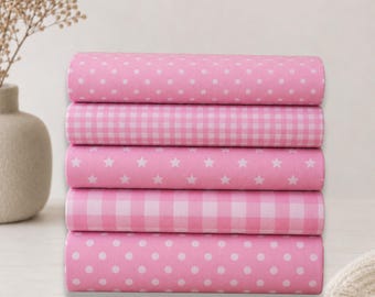 Baumwollstoff - Kombistoff - Baumwolle Meterware - Punkte - Karo - DIY Projekte - Kinderstoff - Muster - Schultüten - KreativStoff - Rosa