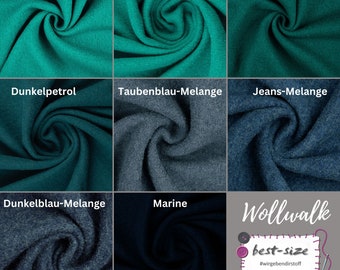 May include: A collection of fabric swatches in various shades of green and blue, including emerald, teal, navy, and gray. The fabric is a soft, textured wool blend. The swatches are labeled with the names of the colors in German.
