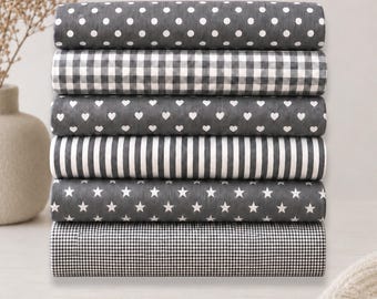 Baumwollstoff - Kombistoff - Baumwolle Meterware - Punkte - Karo - DIY Projekte - Kinderstoff - Muster - Schultüten - KreativStoff - Grau