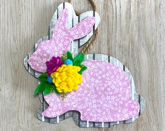 Pink Floral Spring Bunny Ornament // Easter Tiered Tray Decor // Easter Bunny // Felt Flowers
