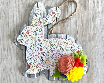 Floral Spring Bunny Ornament // Easter Tiered Tray Decor // Easter Bunny // Felt Flowers