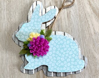 Blue Floral Spring Bunny Ornament // Easter Tiered Tray Decor // Easter Bunny // Felt Flowers