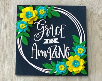 Floral Wooden Sign // Grace its Amazing Sign // Inspirational Quote Decor // Yellow and Teal // Religious Gifts